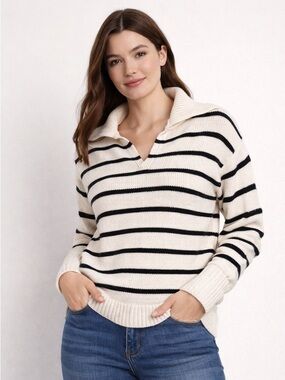 Nordstrom Striped Sweater Cotton Cashmere Cream Black XS Collared V Neck